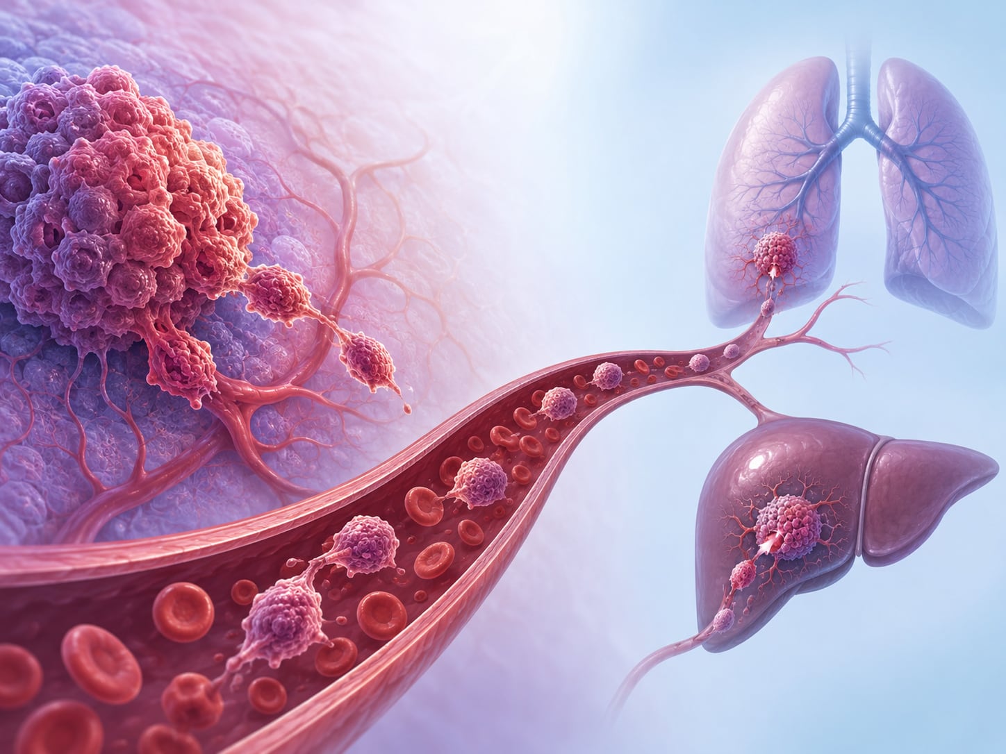 An illustration: 3D rendered cancer cells traveling through blood vessels near lungs and liver