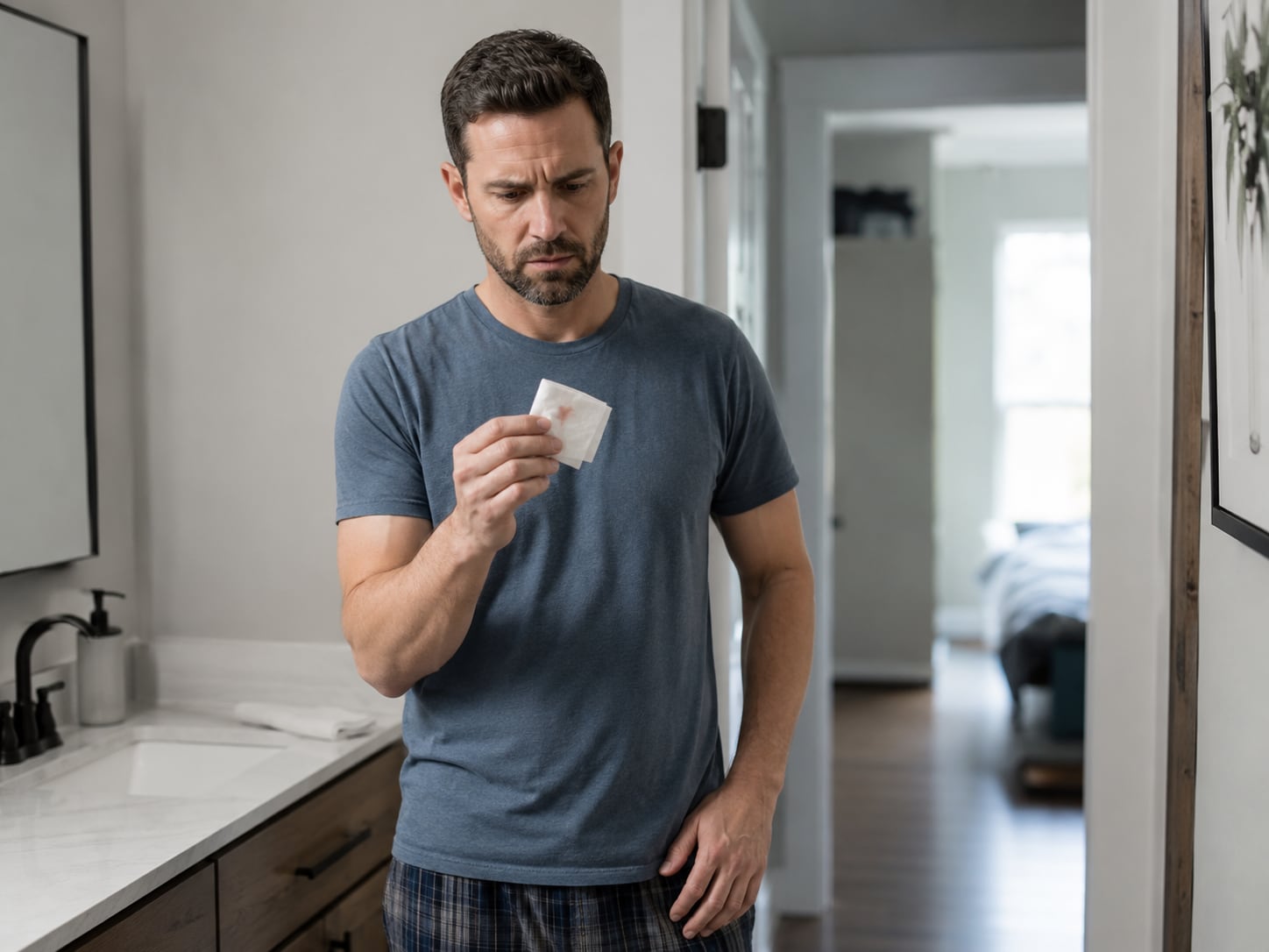 A man in a bathroom holds a tissue or pill, looking downward