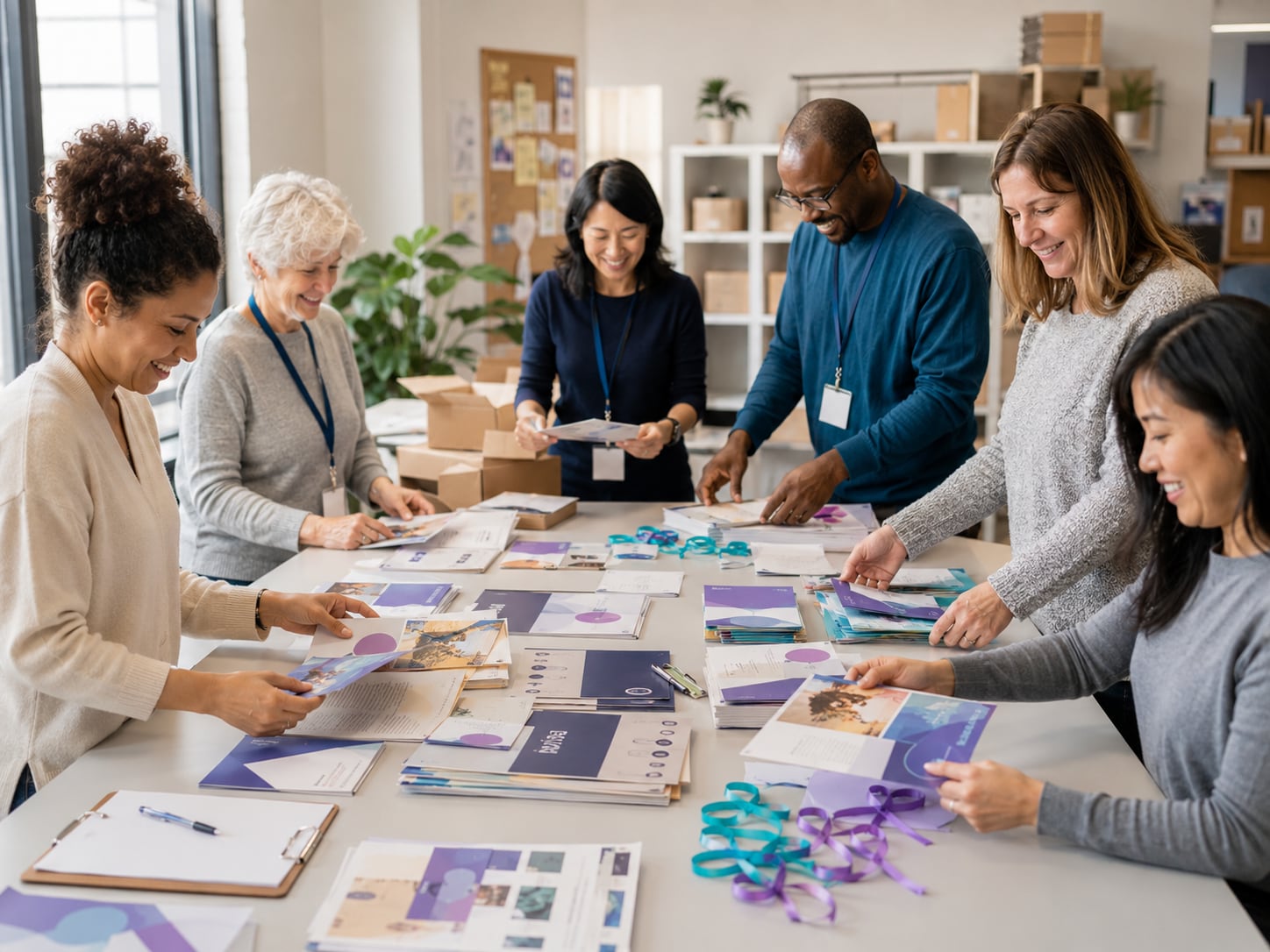 Four people sort papers and brochures spread across a table