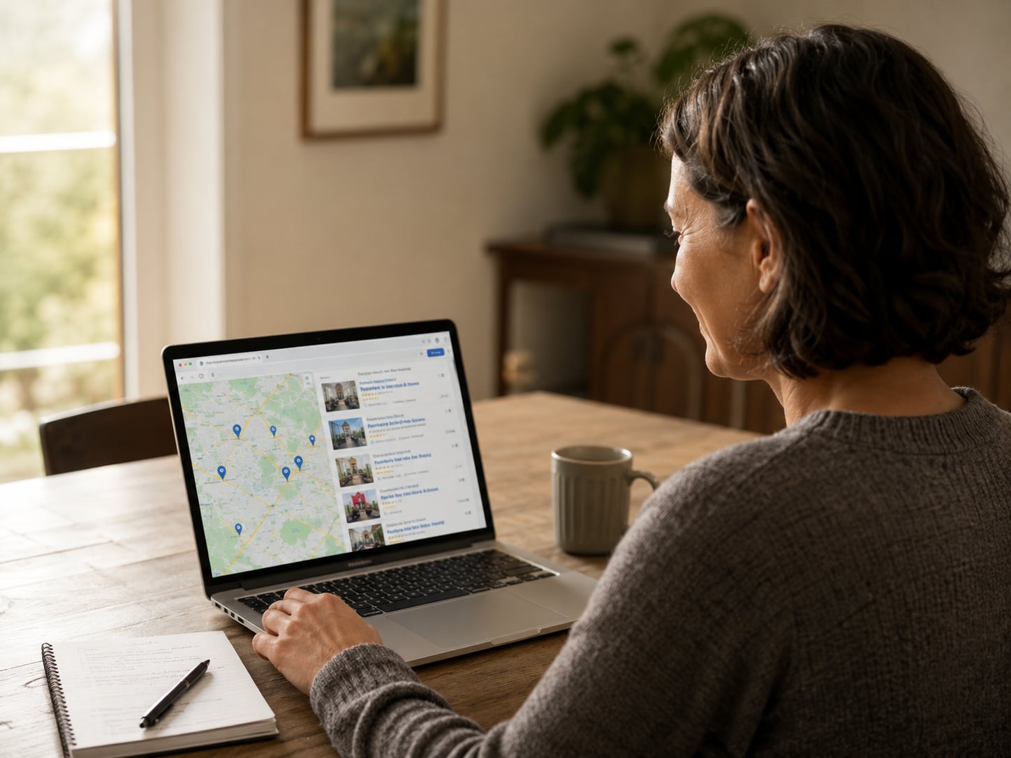 A woman shows a laptop screen with a map app to another woman at a table