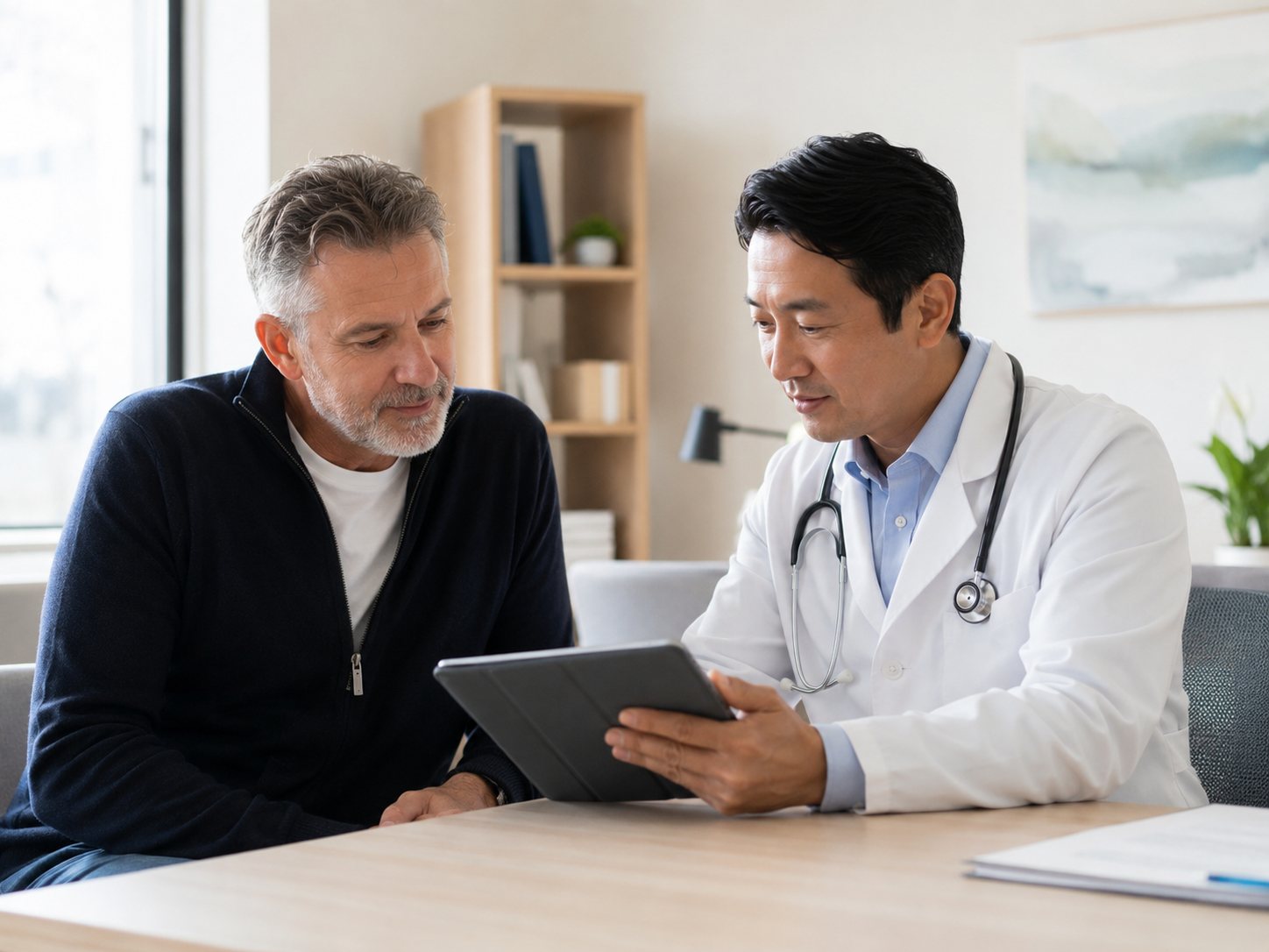 Doctor in a white coat shows a tablet screen to an older man seated beside him in an office.