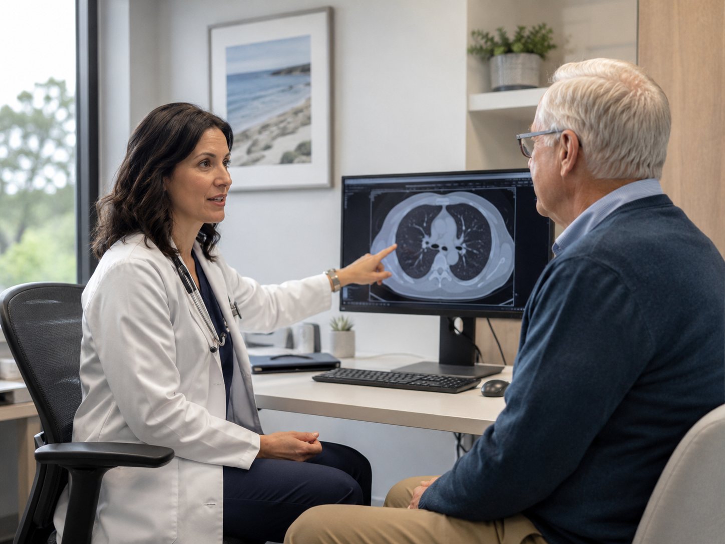 Clinician points to a chest CT scan on a monitor while discussing it with an older seated man.