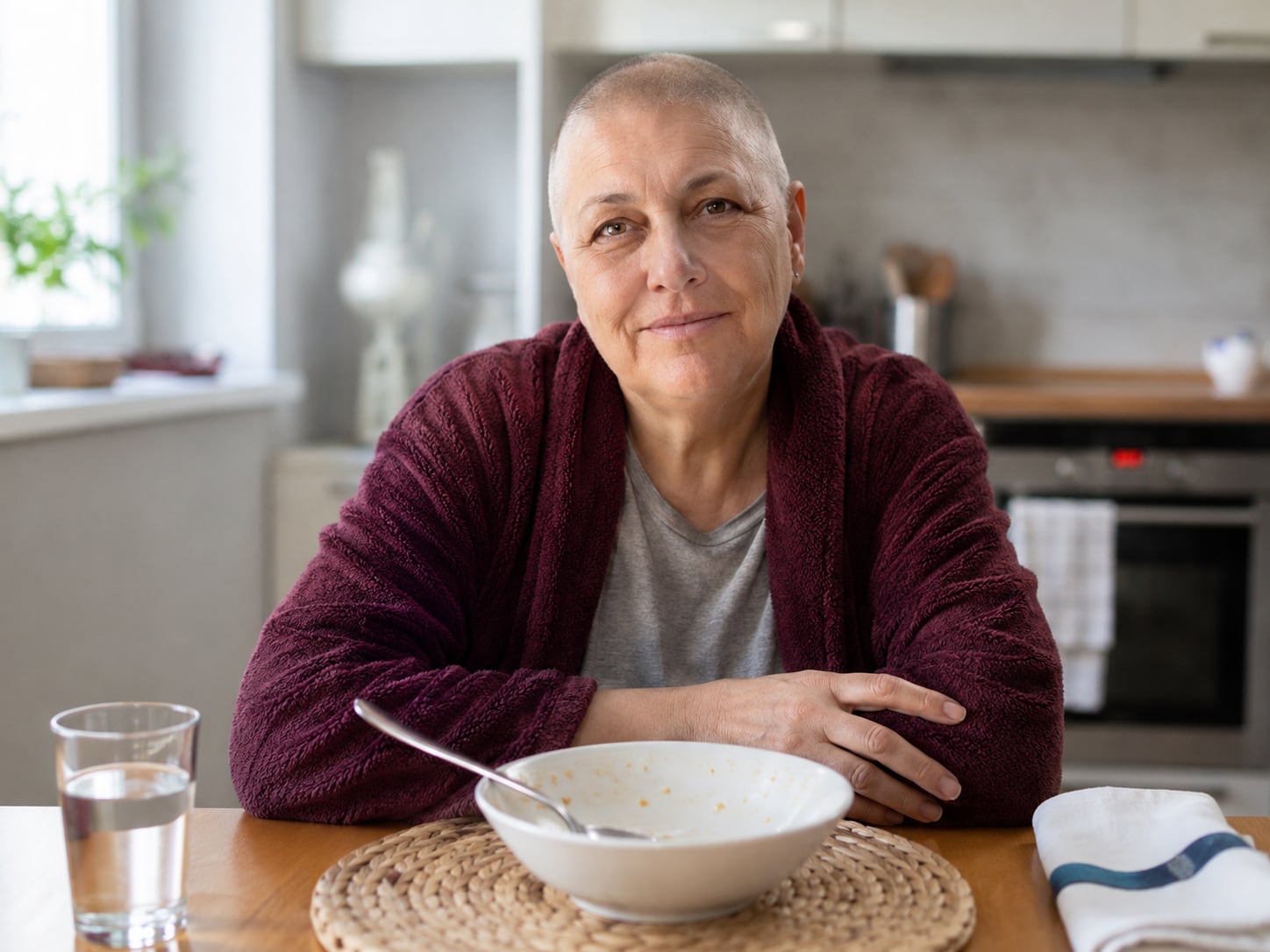A woman in headscarf sits at a table with arms crossed, serious expression