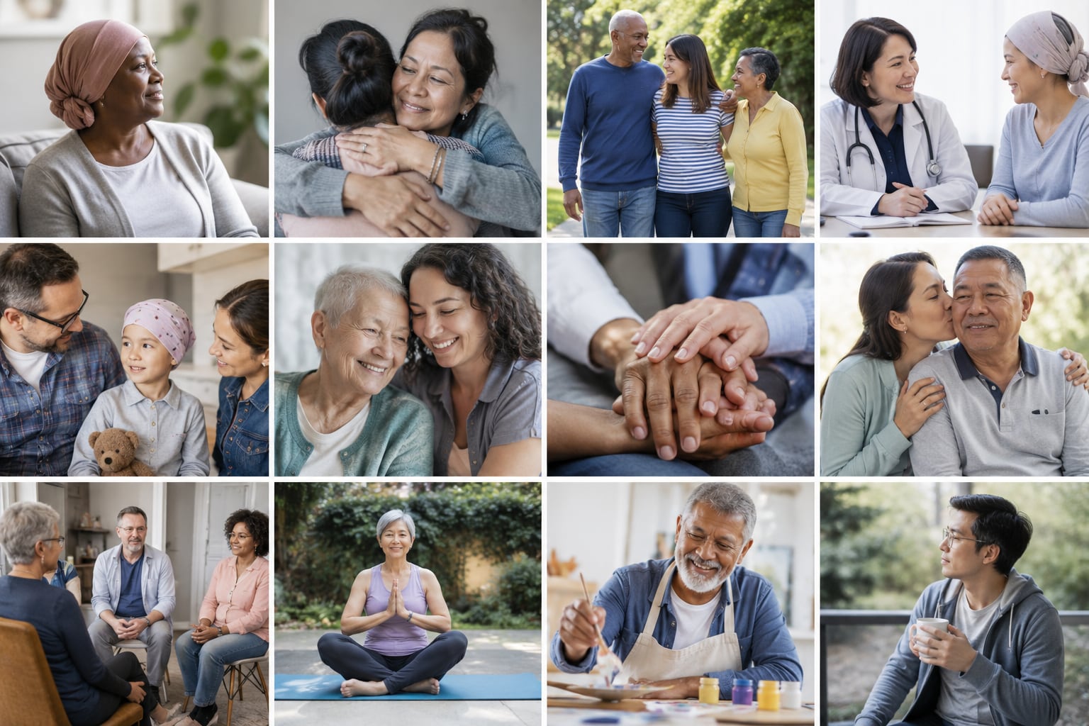 A composite image: multiple small photos of families embracing and holding hands