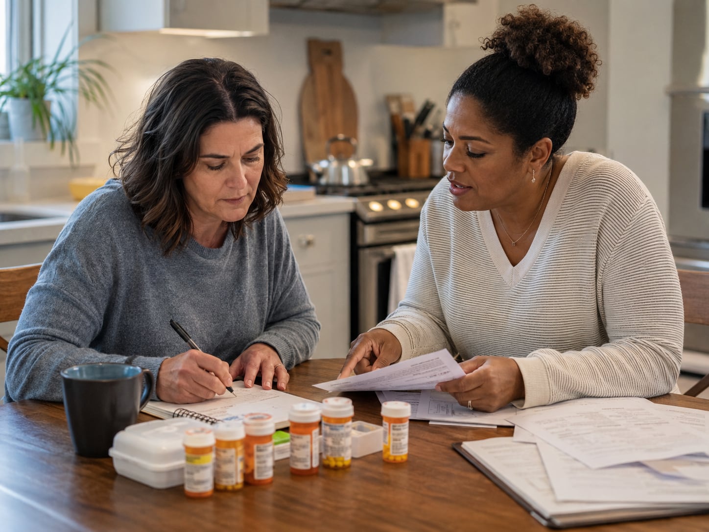 Two women sit at a kitchen table writing together on paper