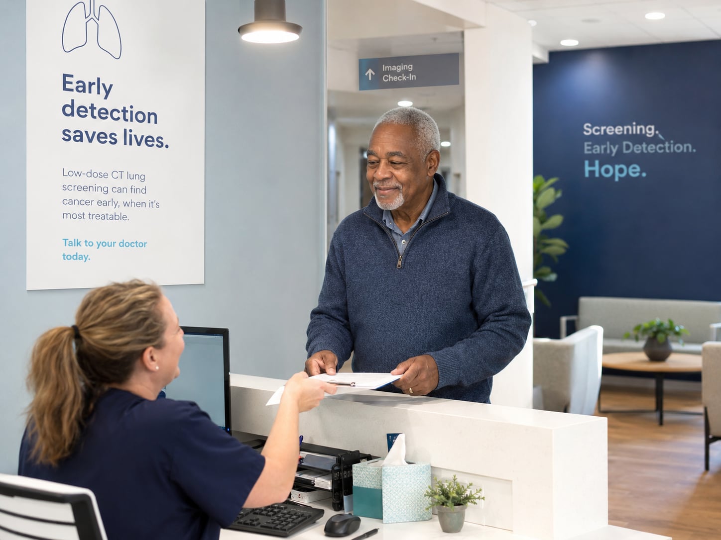A split scene of a screen reading Early detection saves lives and a man handing a paper to a receptionist under screening signage