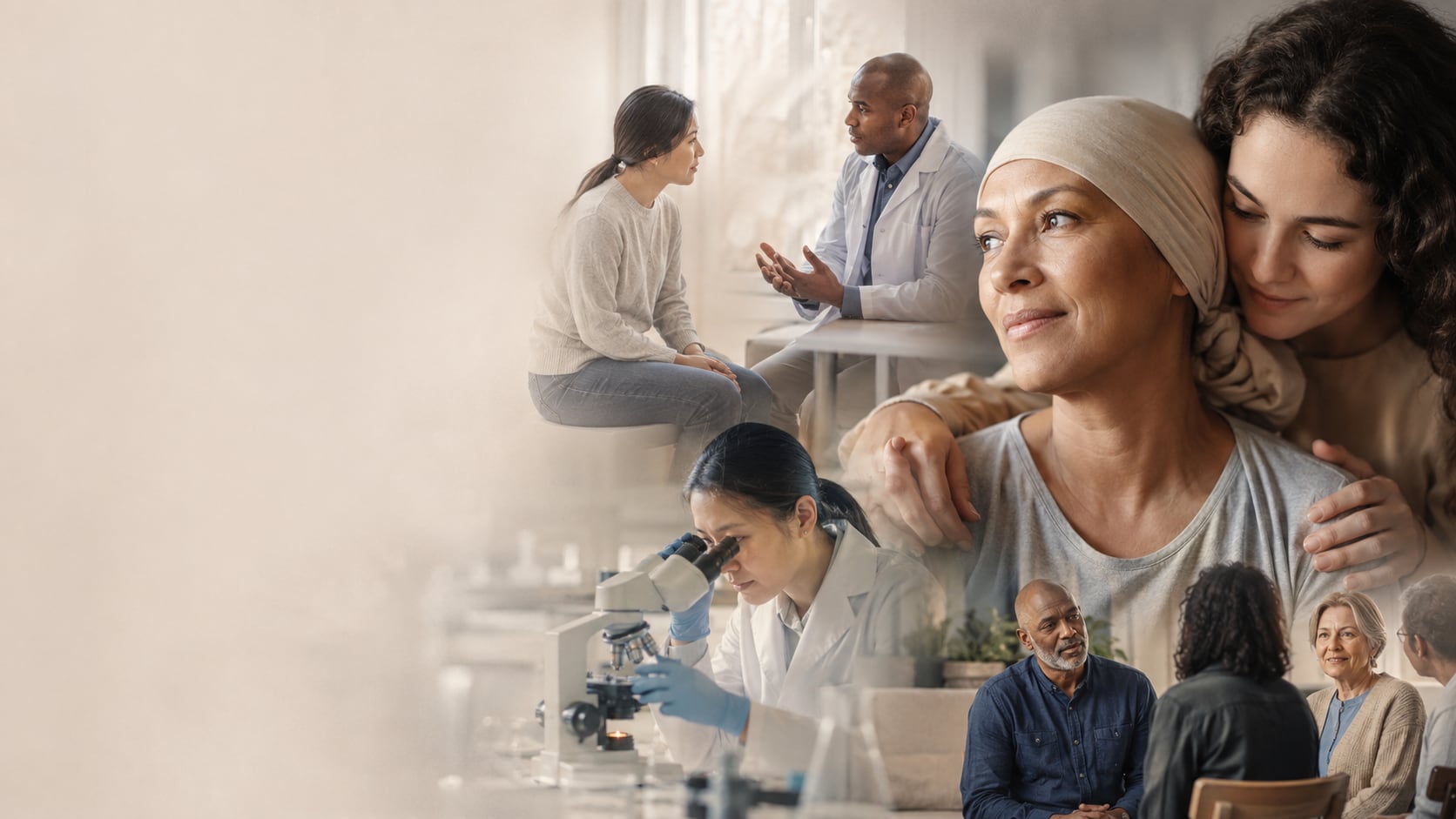 A montage of cancer care: a doctor talking with a patient, a researcher at a microscope, a woman in a headscarf held by a friend, and a support group meeting