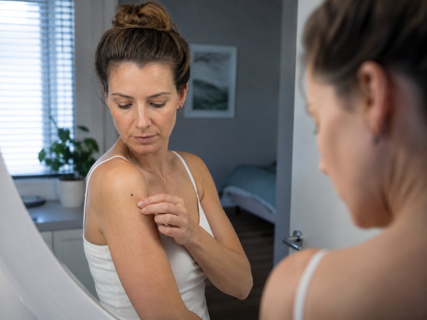 Woman examines a small mole on her upper arm in front of a bathroom mirror, looking closely.