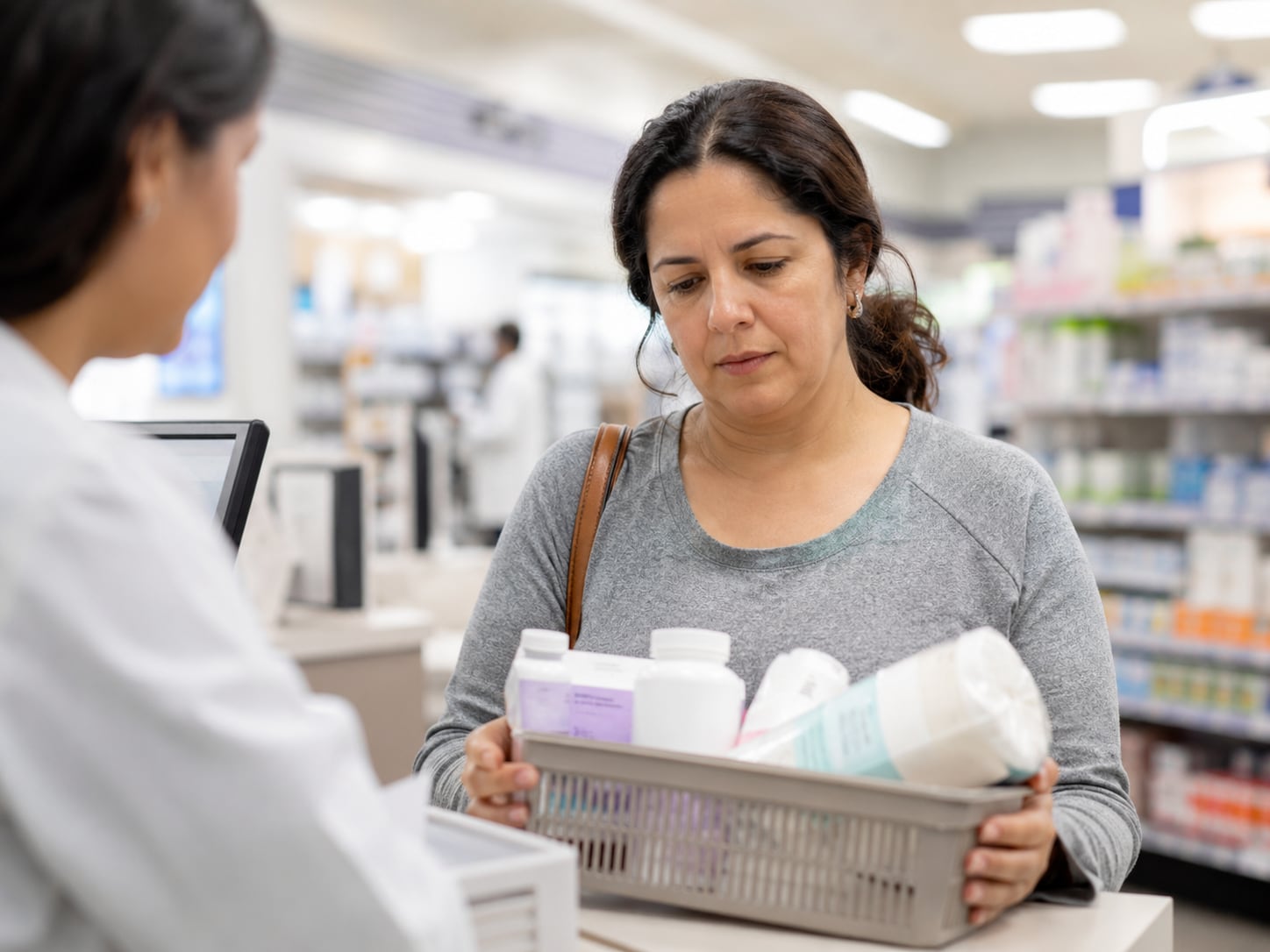 A woman shops in a pharmacy aisle holding medication bottles