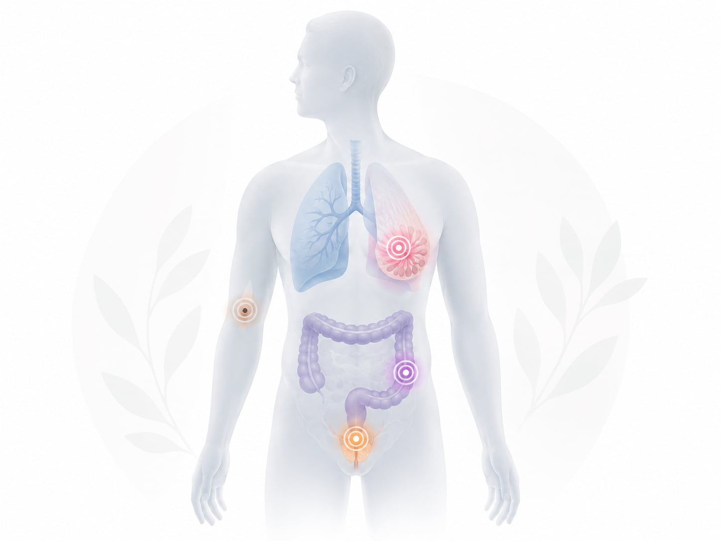 An illustration: human body diagram highlighting internal organs with disease markers, head clipped at top edge