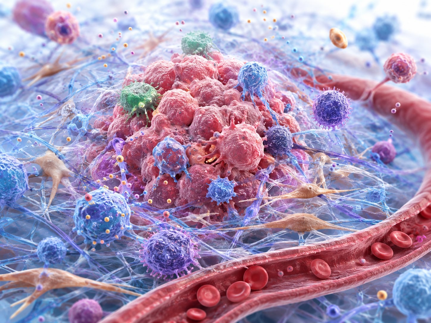An illustration: 3D rendered cancer cells being attacked by blue immune cells