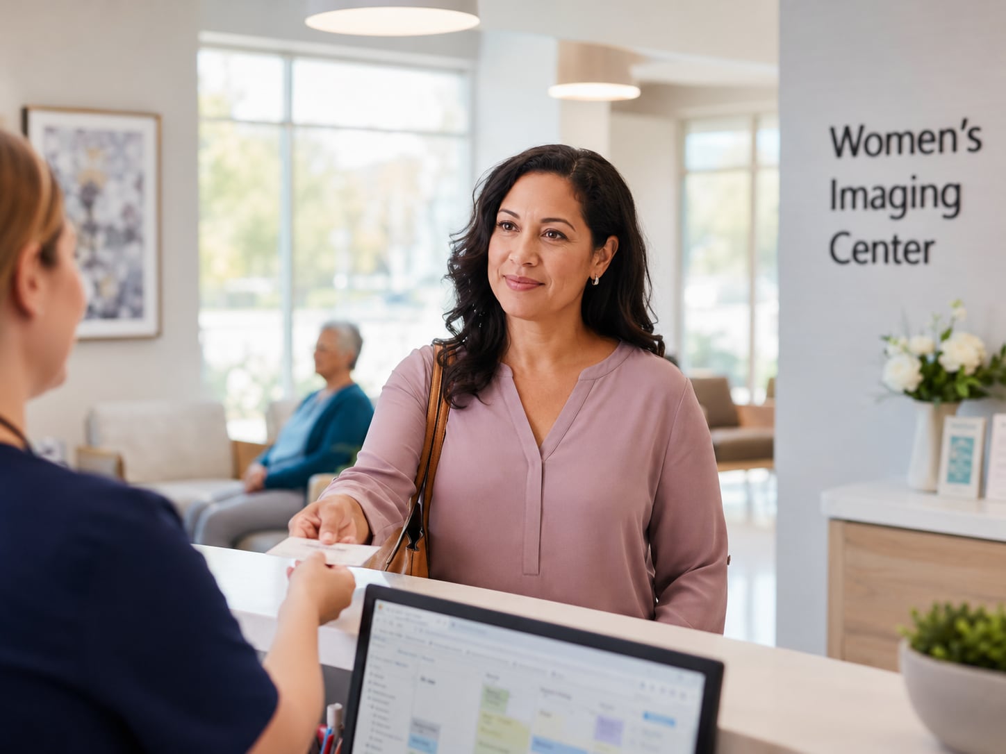 A woman approaches a reception desk labeled Women's Imaging Center