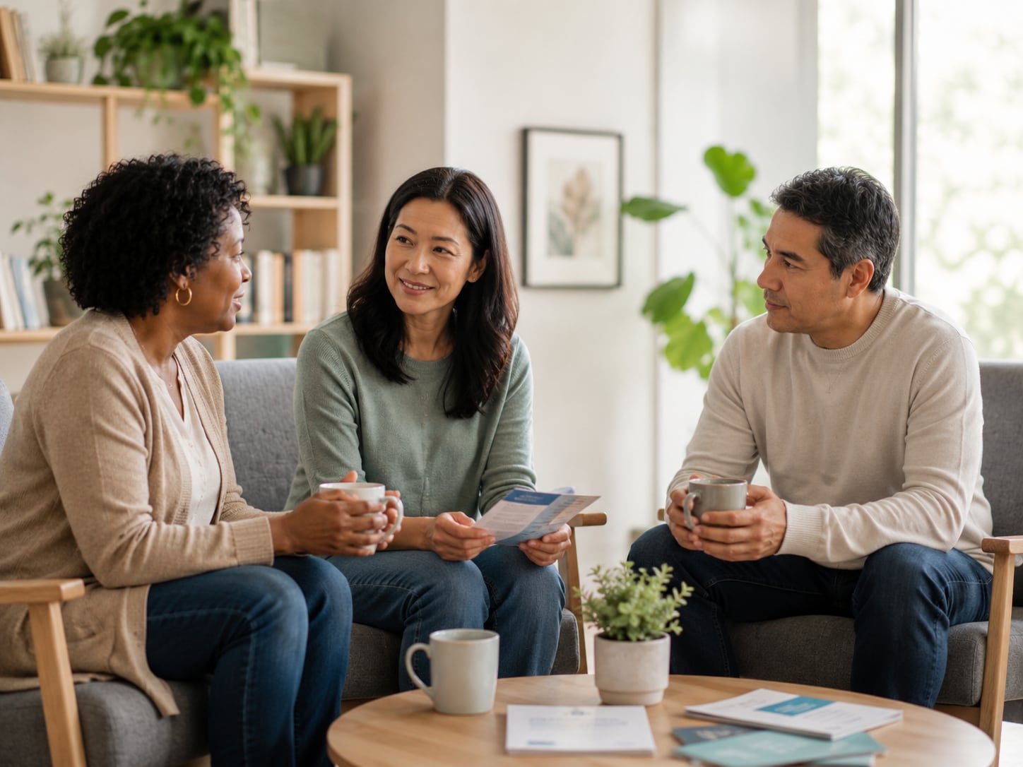 Two women and a man sit together talking with a tablet