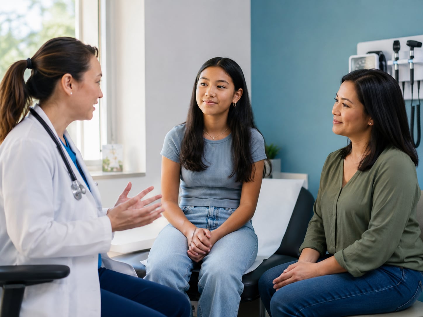 A female doctor talks with a teenage girl and woman in a clinic room