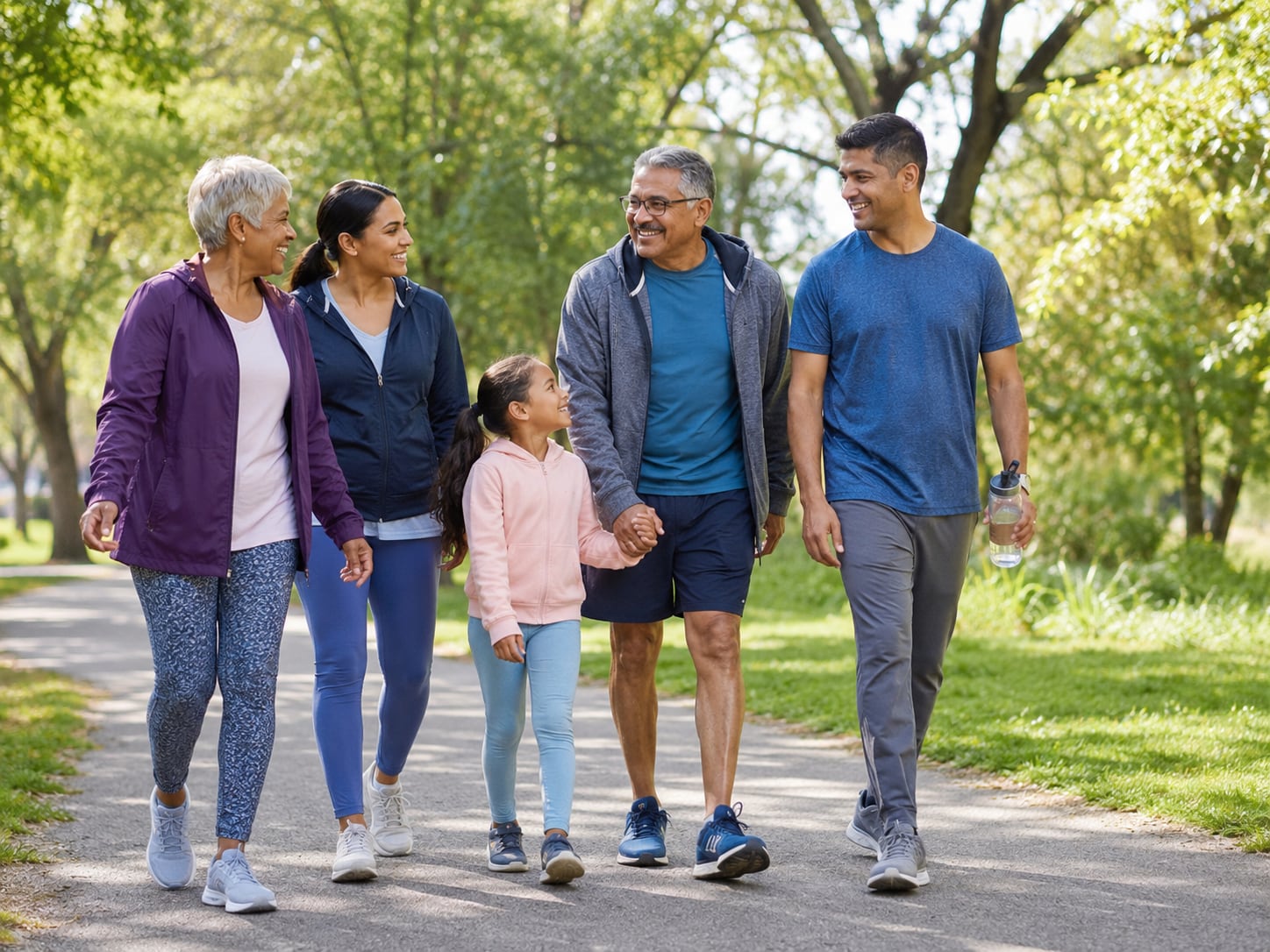A multigenerational family walks together outdoors in a park