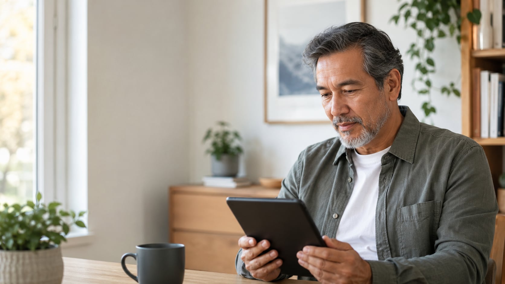 A man sits on a couch looking thoughtfully at a tablet at home
