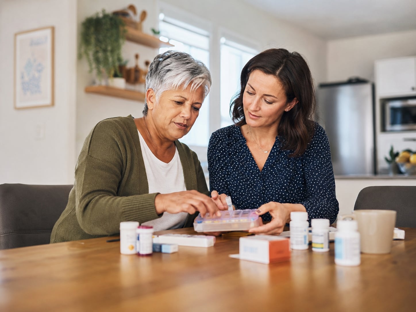 Two women sit at a table organizing pill bottles and medication