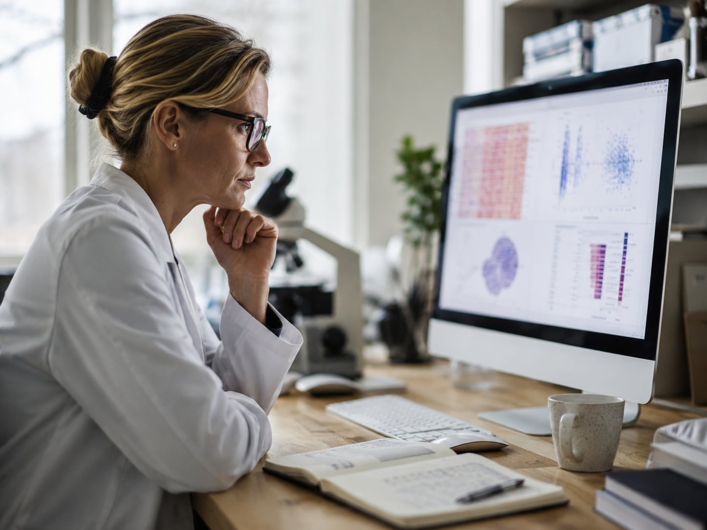 A woman in lab coat studies DNA and data charts on a computer monitor