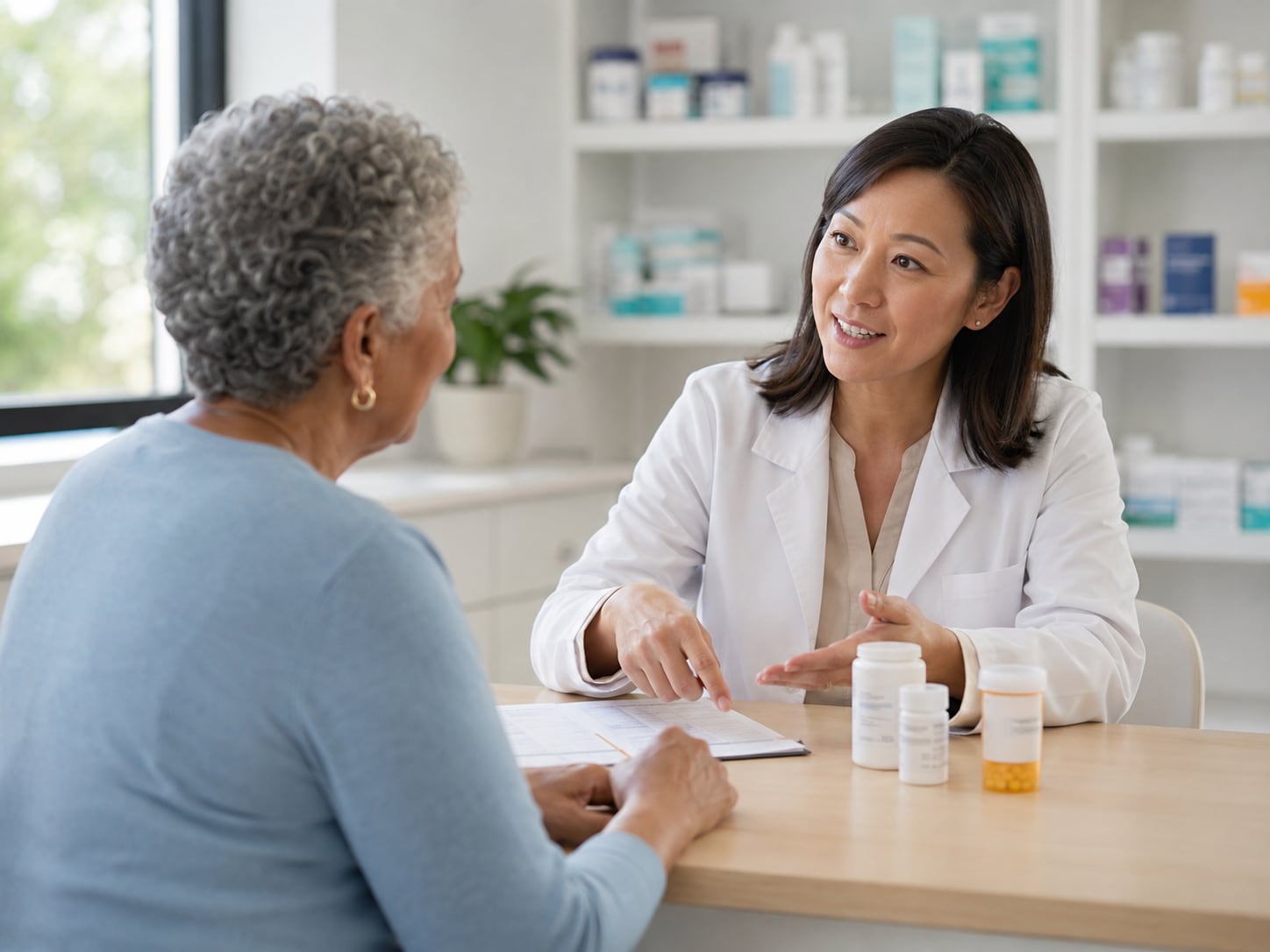 An older woman and female clinician look over medication bottles, smiling