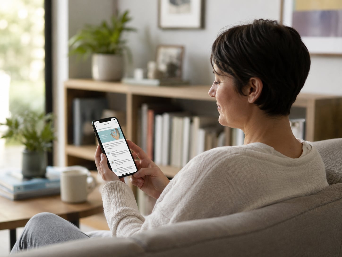 A woman sits on a couch looking at a health app on her phone