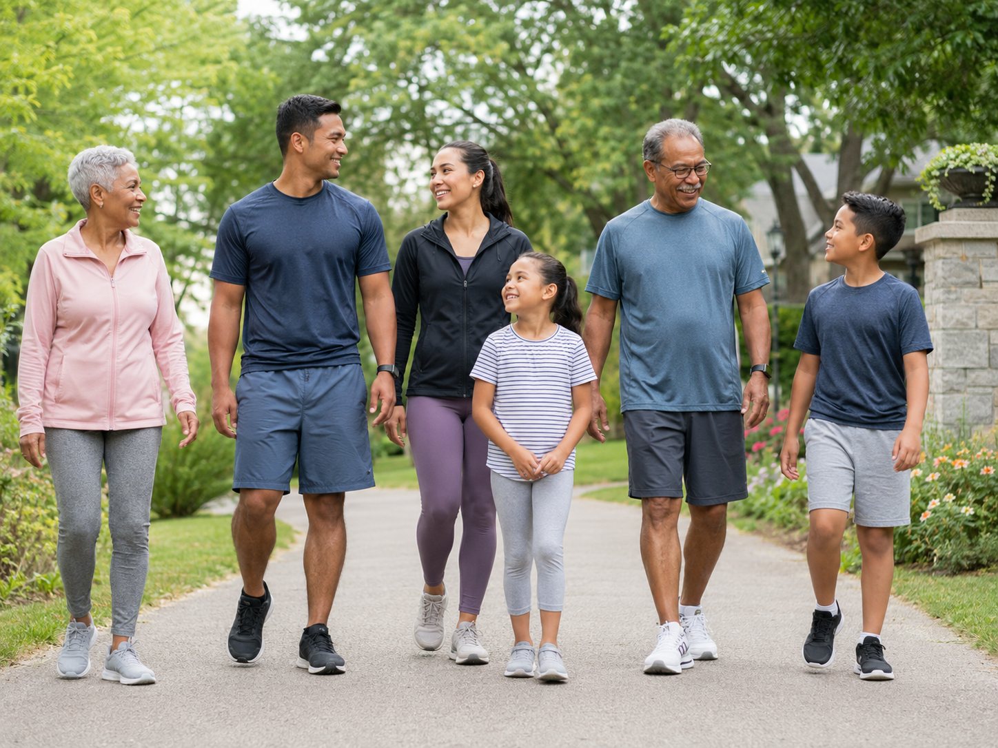 Six family members of three generations walk side by side along a sunny garden path in activewear.