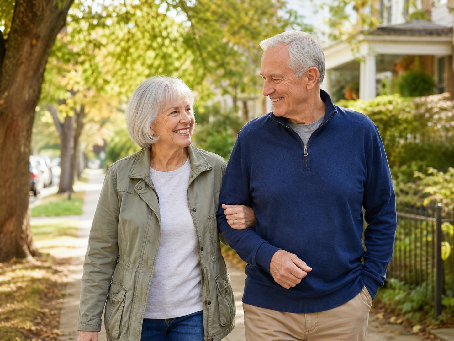 Older couple walk arm in arm along a tree-lined sidewalk, smiling at each other.