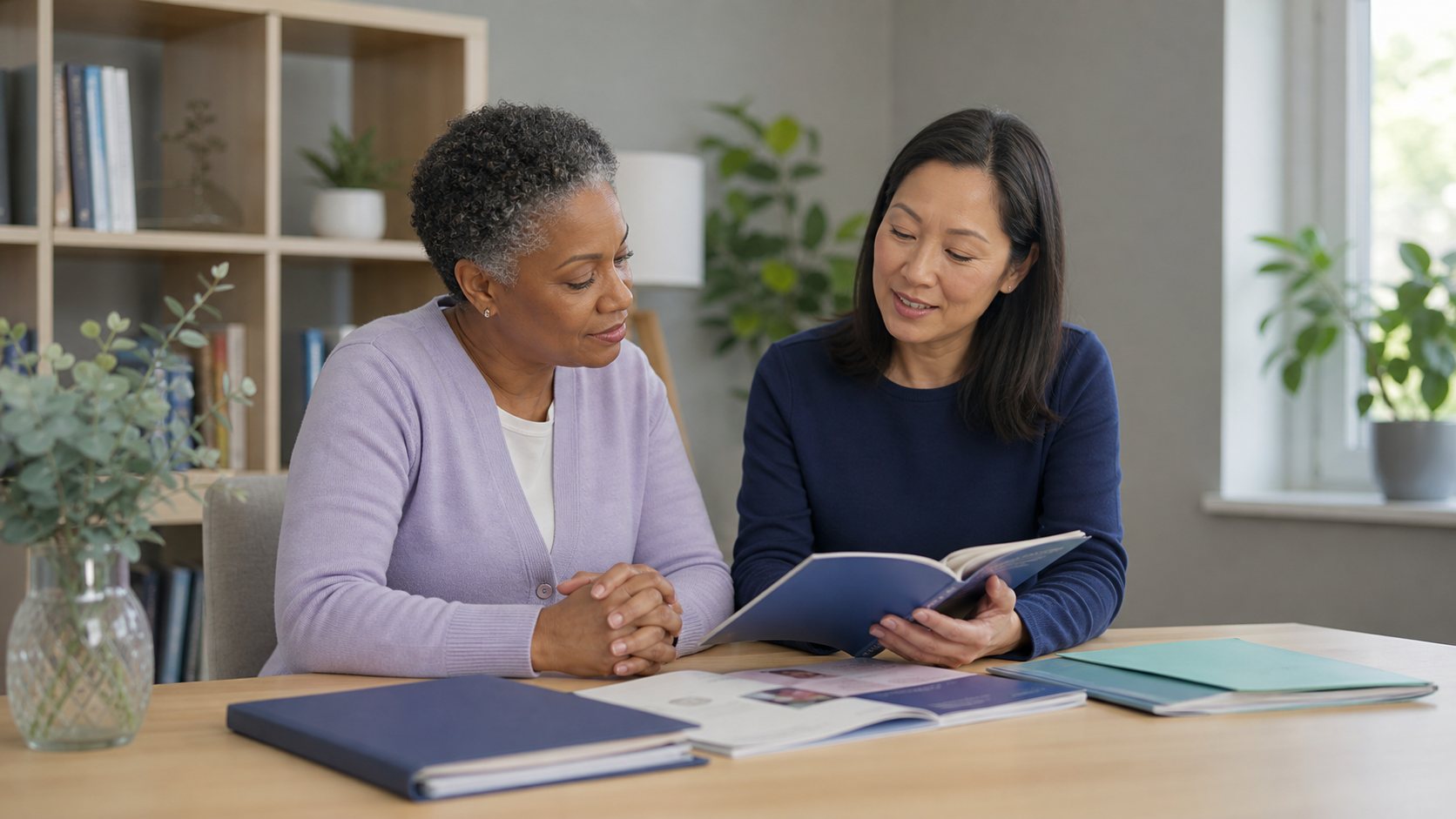 Two people looking through a booklet alongside folders and printed handouts