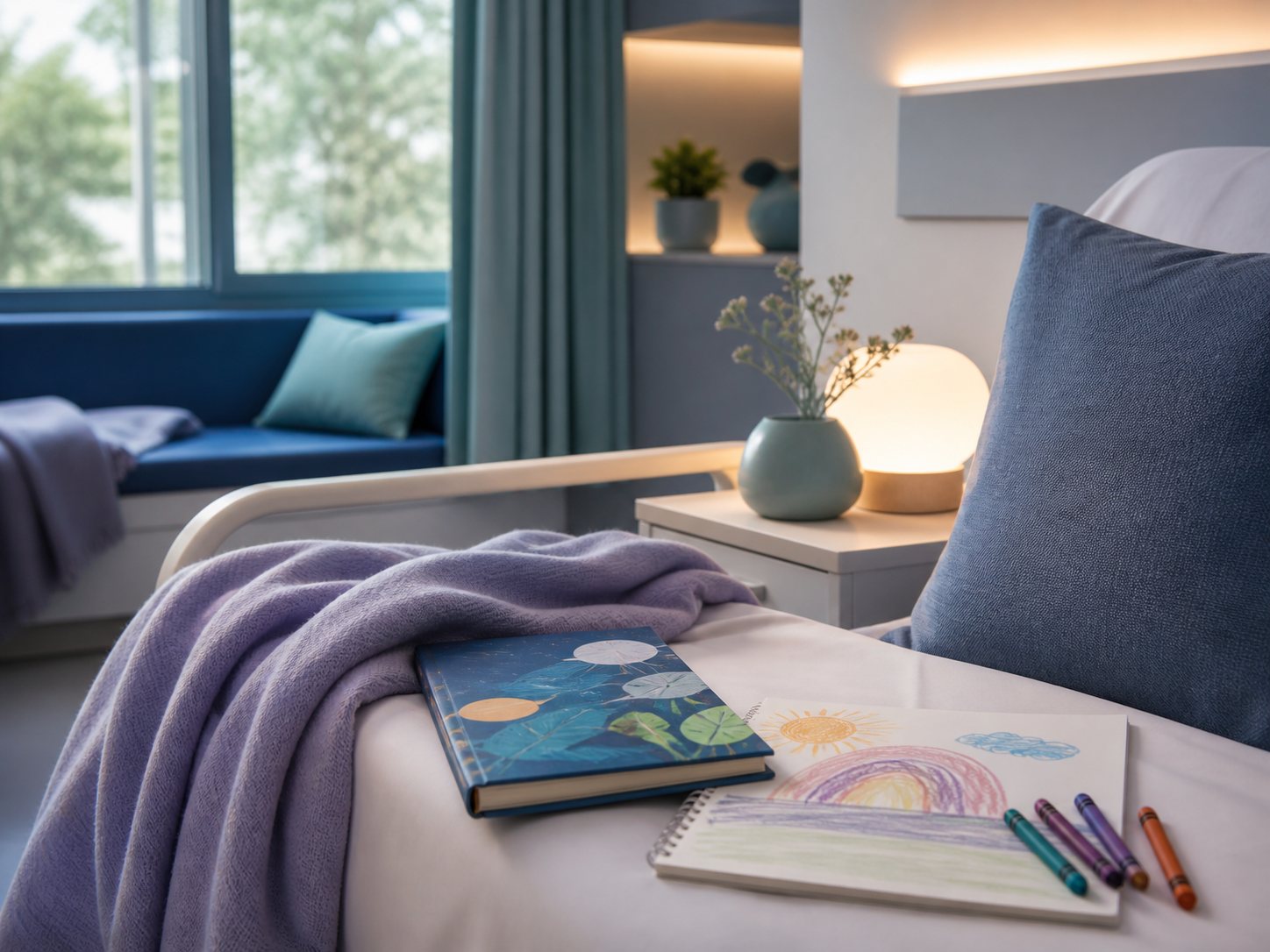 A bedside still life with a lavender blanket, a book, a child's crayon drawing and a soft glowing lamp.