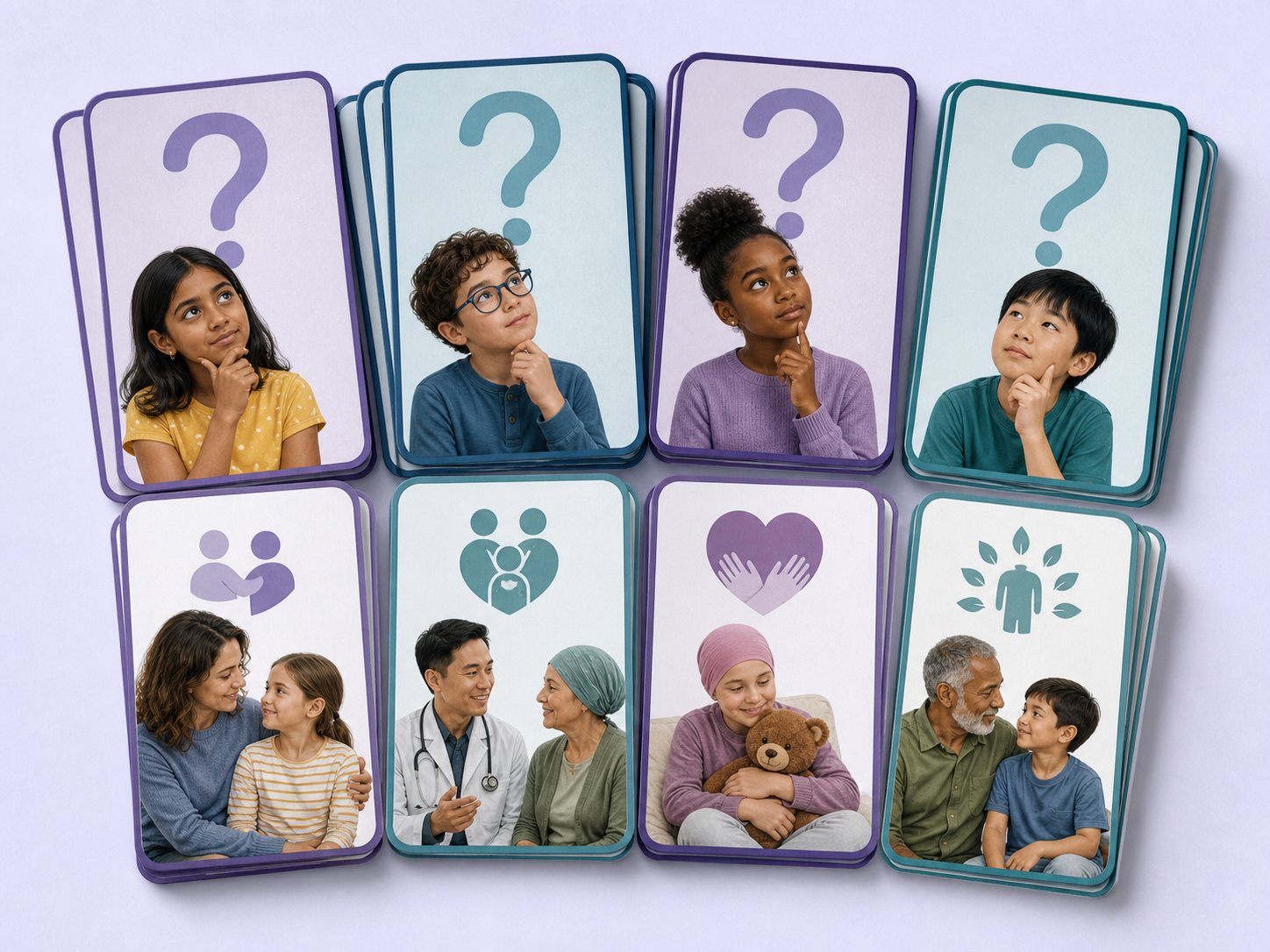 Two rows of card stacks, question-mark faces above and picture answers below.