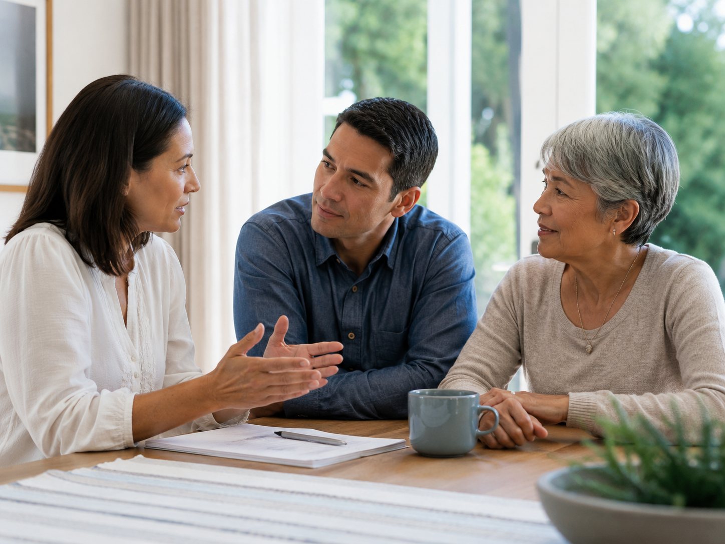 Woman gestures while explaining documents on a table to a man and an older woman seated across from her.
