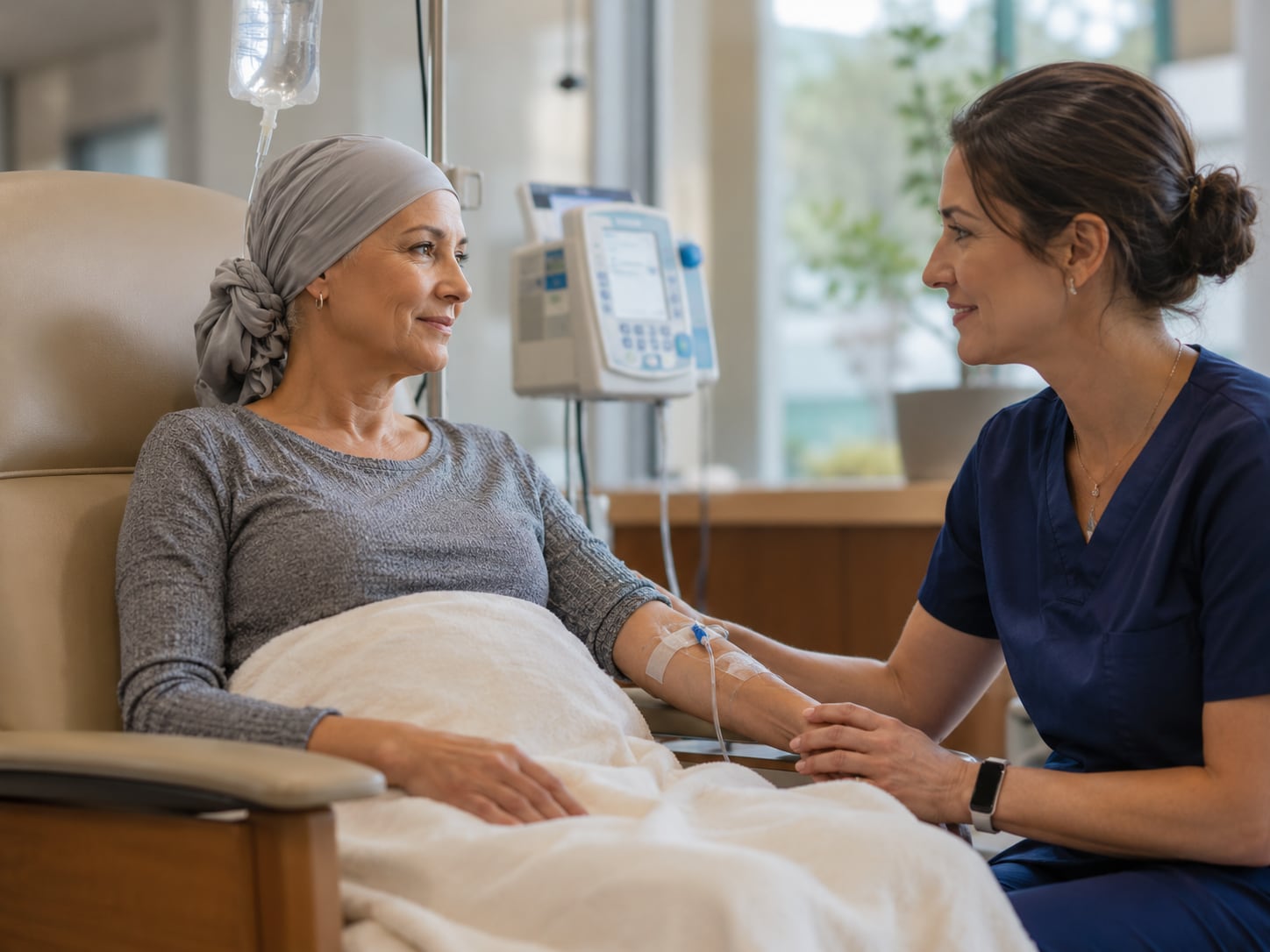 A woman in a headscarf receives an IV infusion while a nurse attends her