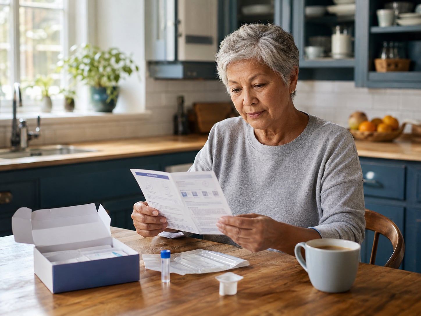 An older woman sits at a kitchen table reading a document with coffee