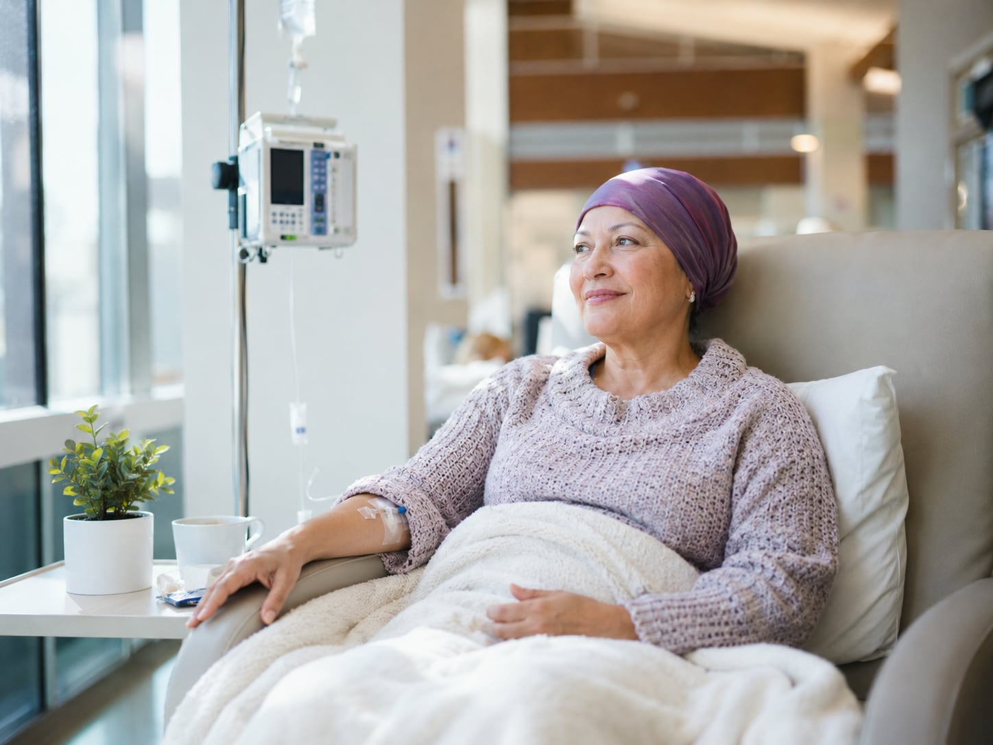 A woman in a headscarf rests in a chair connected to an IV at home