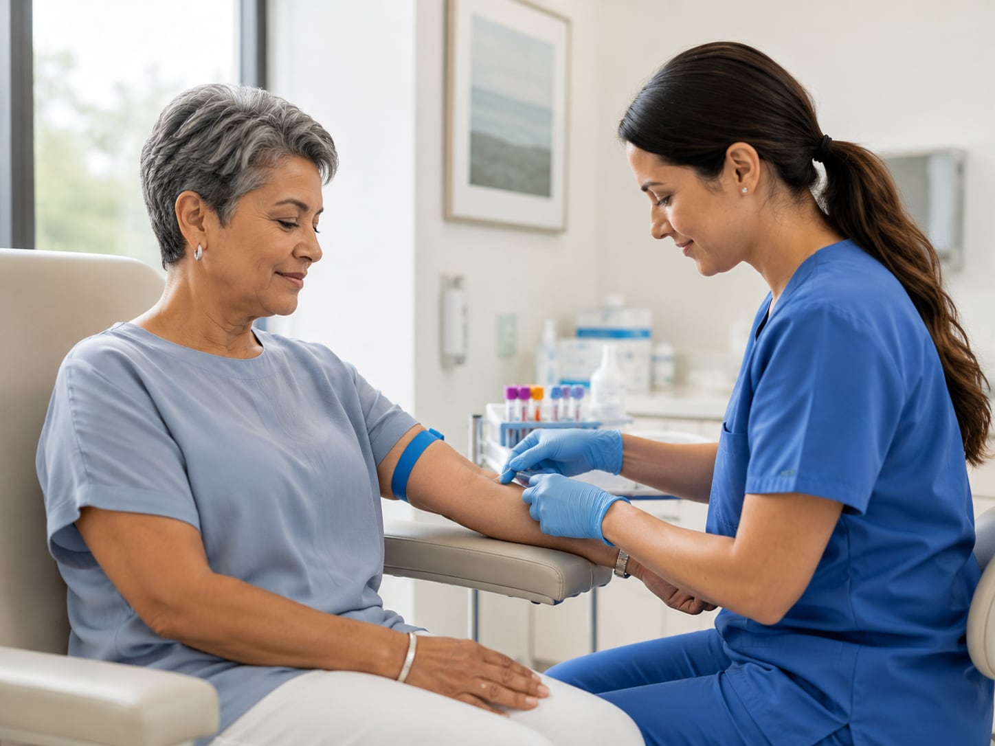 A nurse draws blood from a woman's arm in a clinical setting