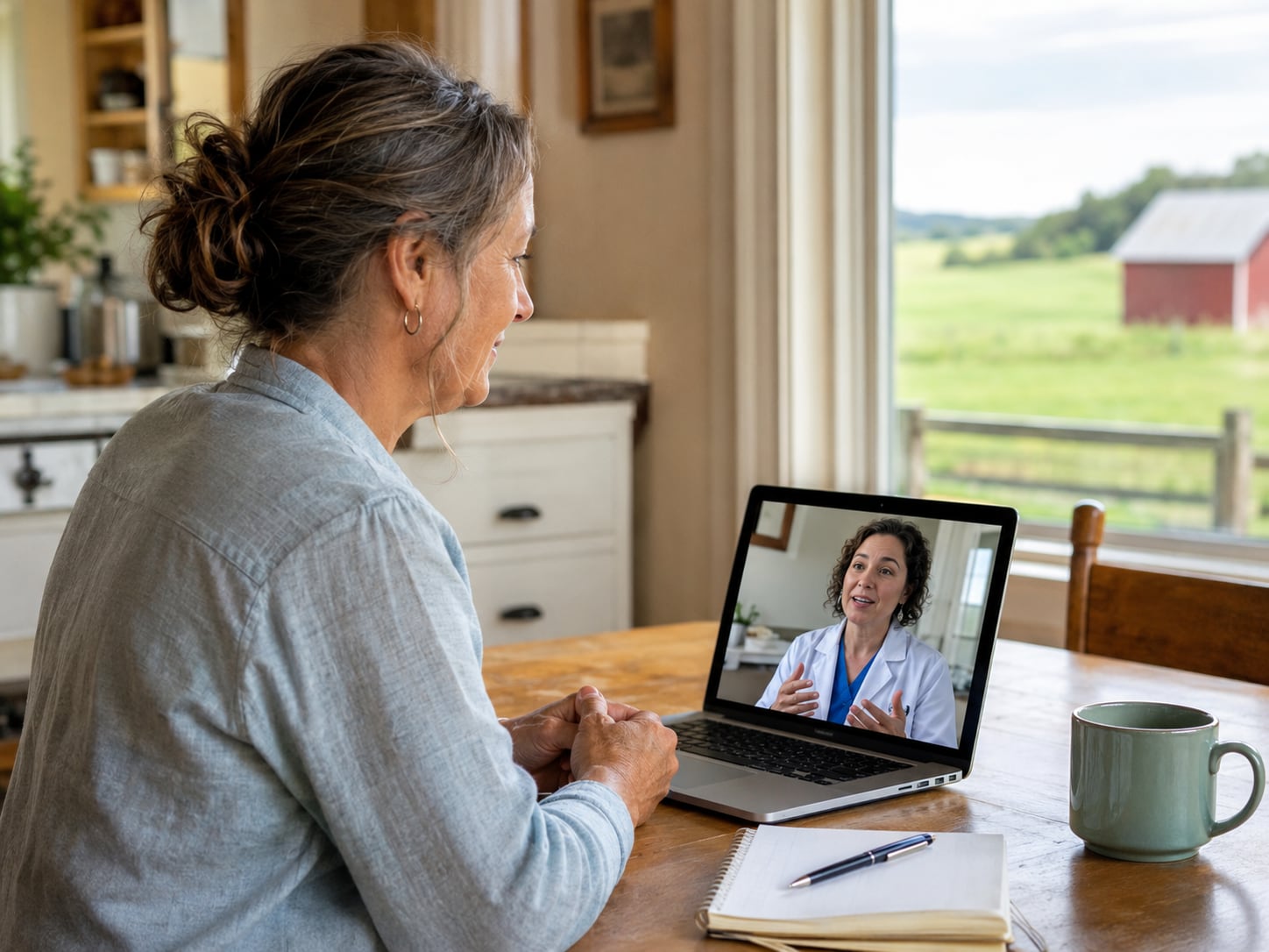 A woman at a home table has a video call with a doctor on a tablet