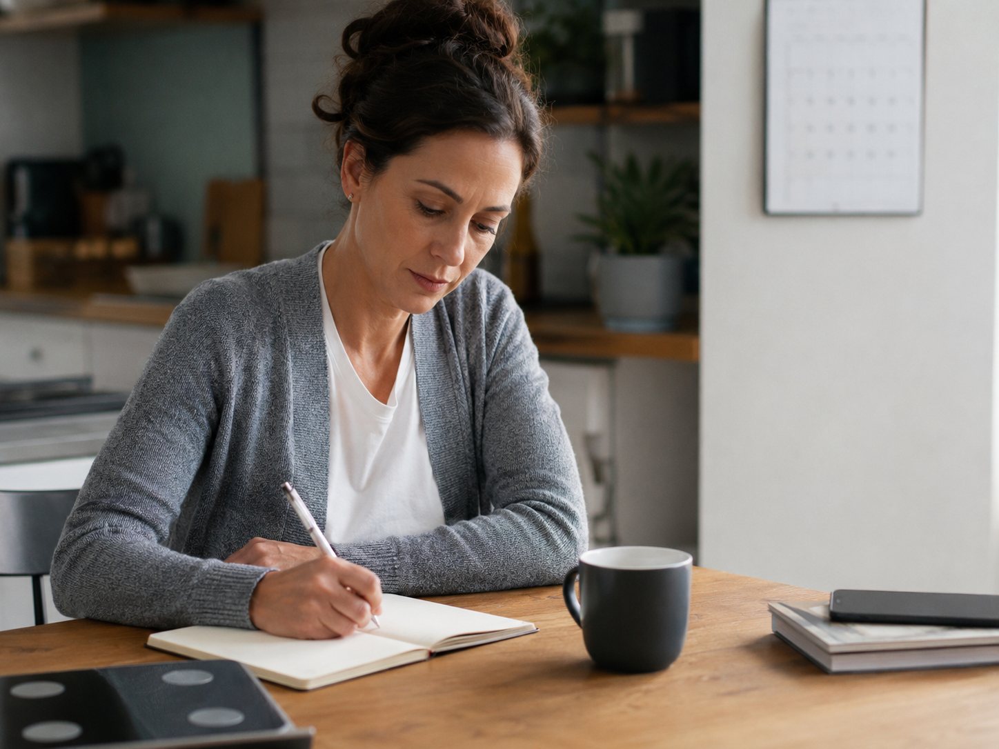 Woman writes in a notebook at a kitchen table beside a coffee mug and a stack of folders.