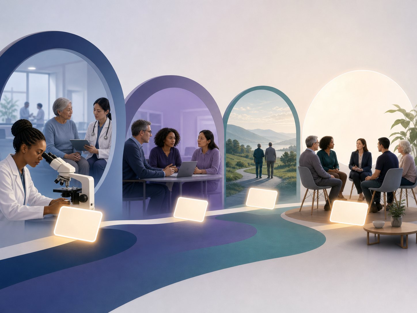 Four arched frames along a winding path, each holding a blank glowing card, representing stages of checking a claim.