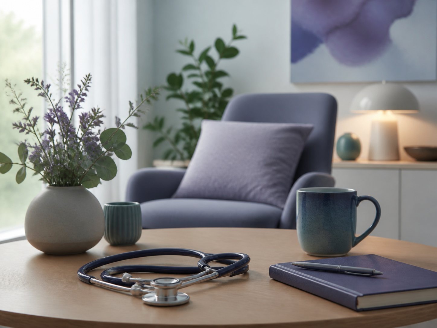 A quiet still life with a stethoscope, a closed notebook, a mug and lavender beside an armchair.