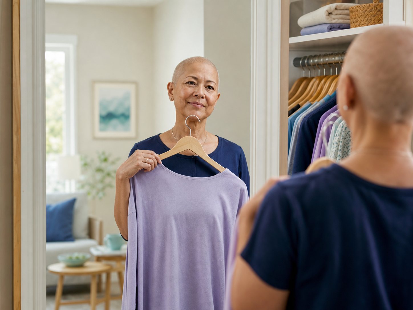 A woman with a shaved head holds a top on a hanger at a mirror by her closet.