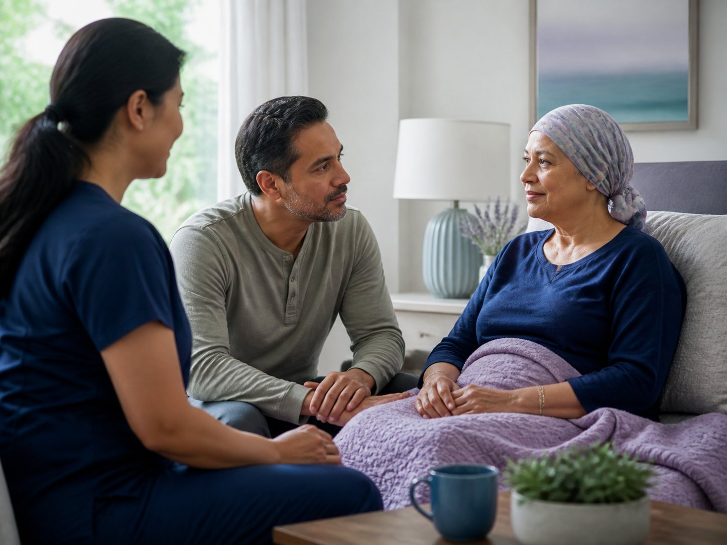 A patient rests on a home sofa with a family member and a visiting nurse.