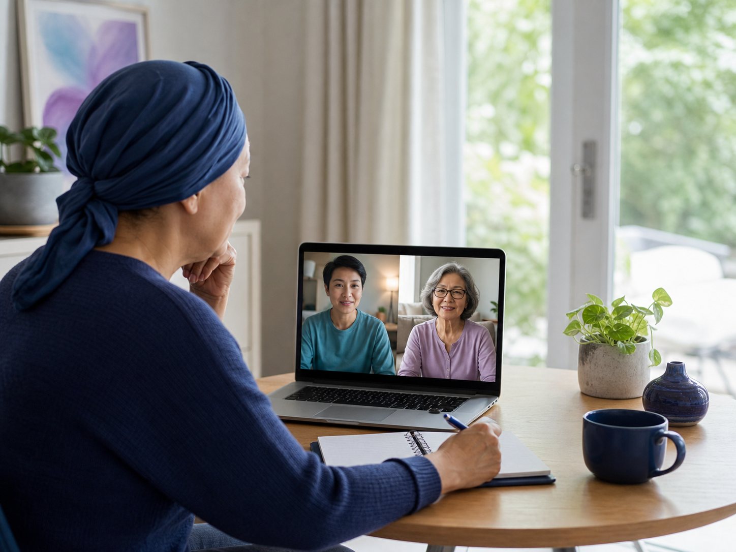A patient in a headscarf takes notes during a laptop video call with two other people.
