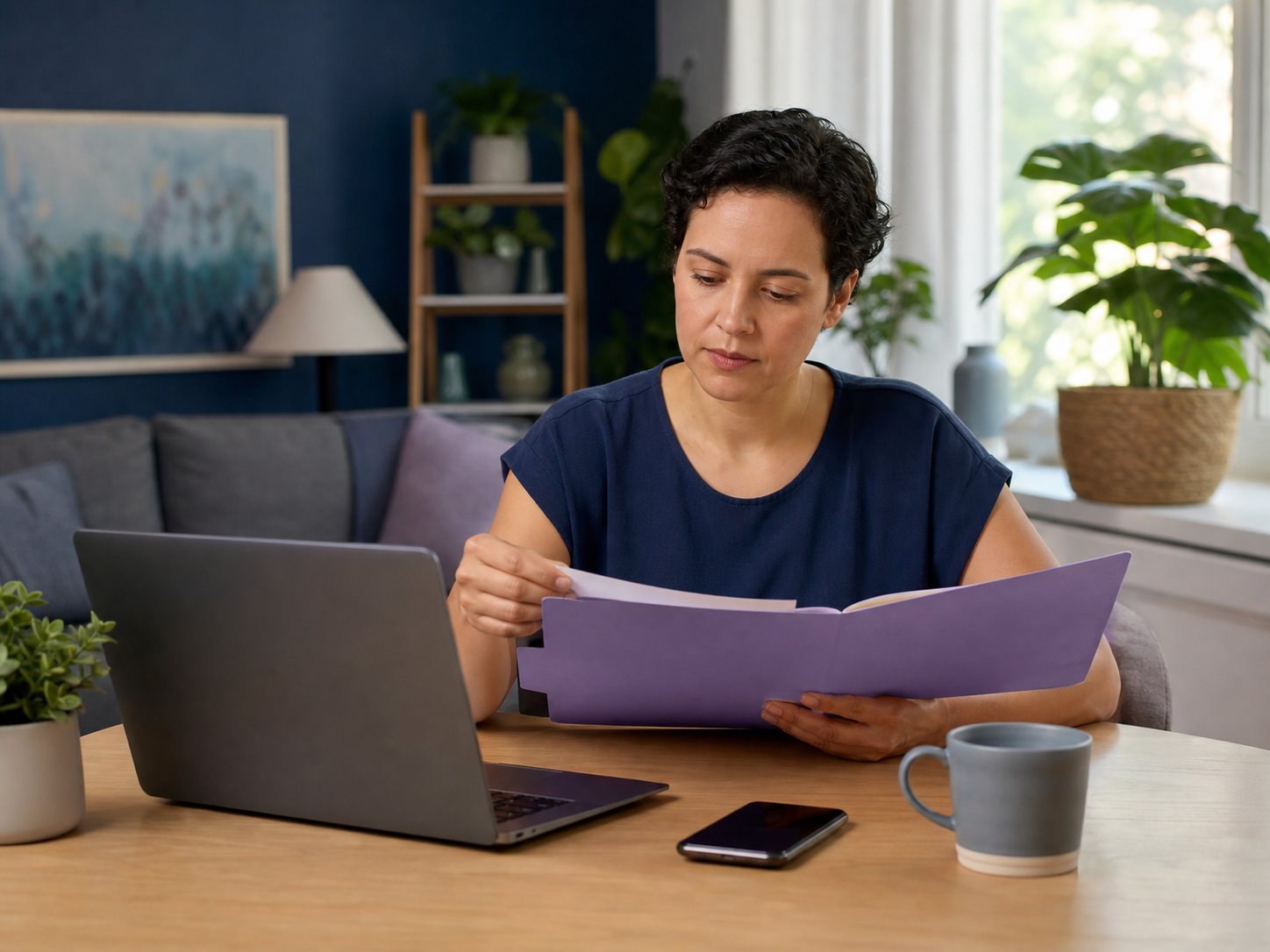 A woman at a home desk with a laptop, phone and an open folder.