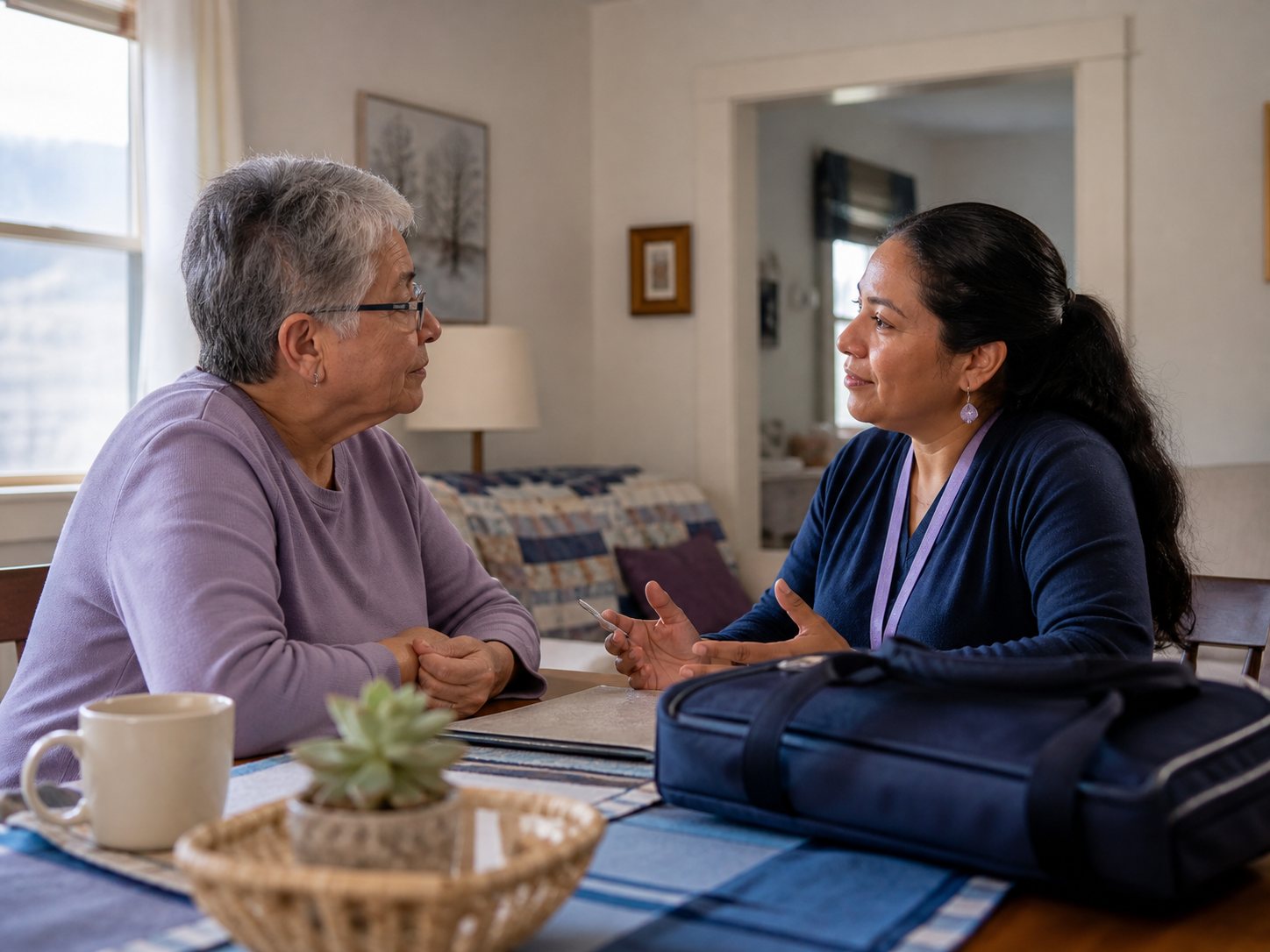 An older adult sits at a kitchen table with a visiting navigator and her work bag.