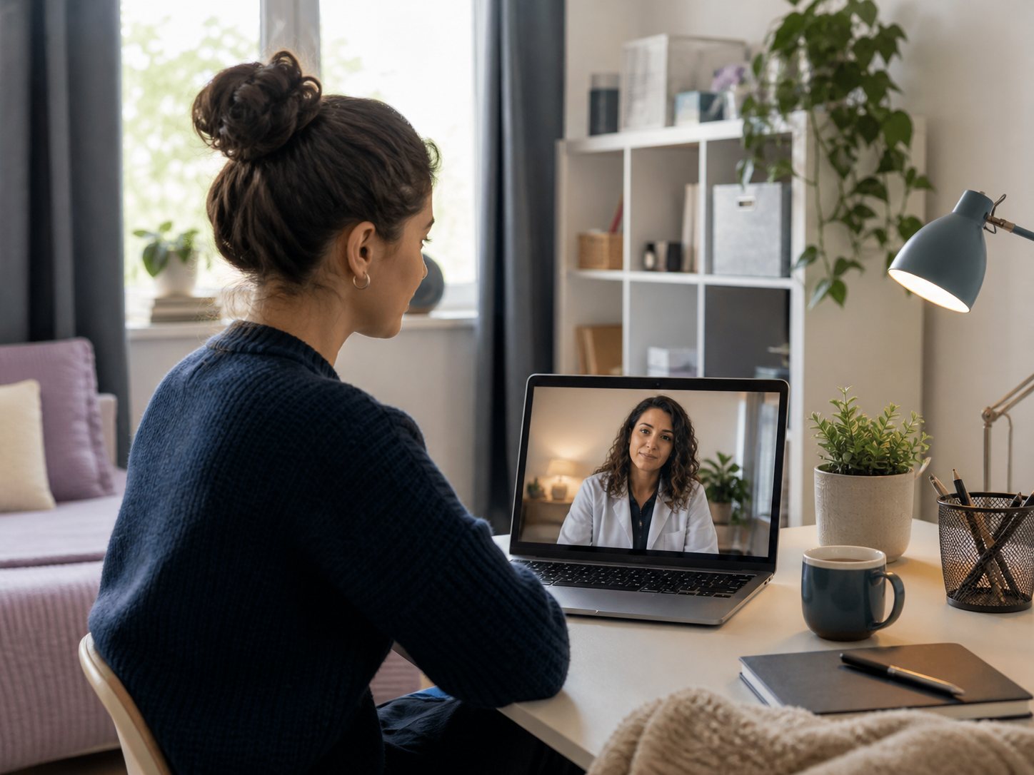A young adult joins a video appointment with a clinician from a modest home workspace.