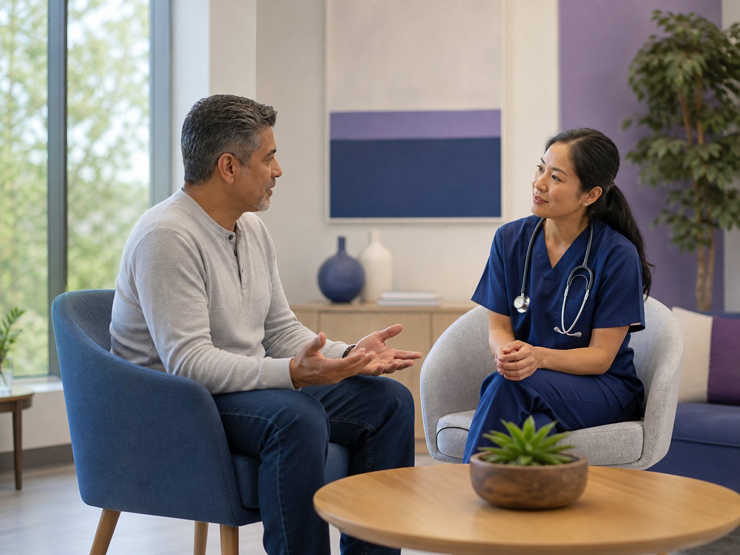An adult in an armchair talks with a nurse in a warm, non-clinical room.