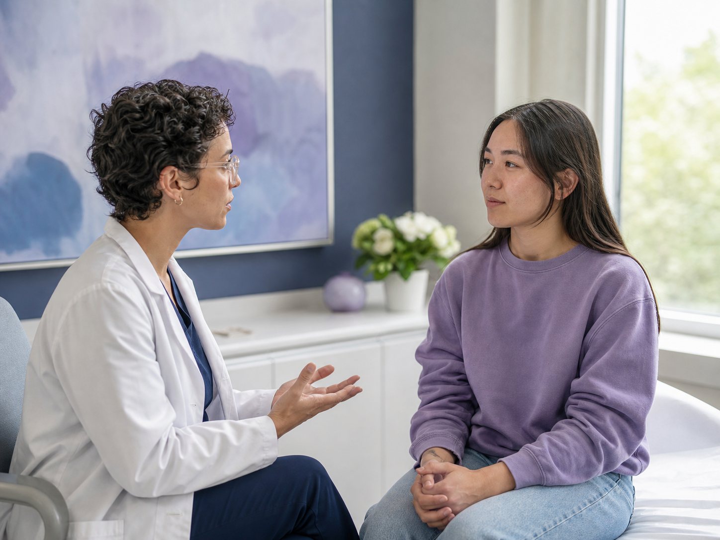 A young adult sits in a bright exam room in conversation with a clinician.
