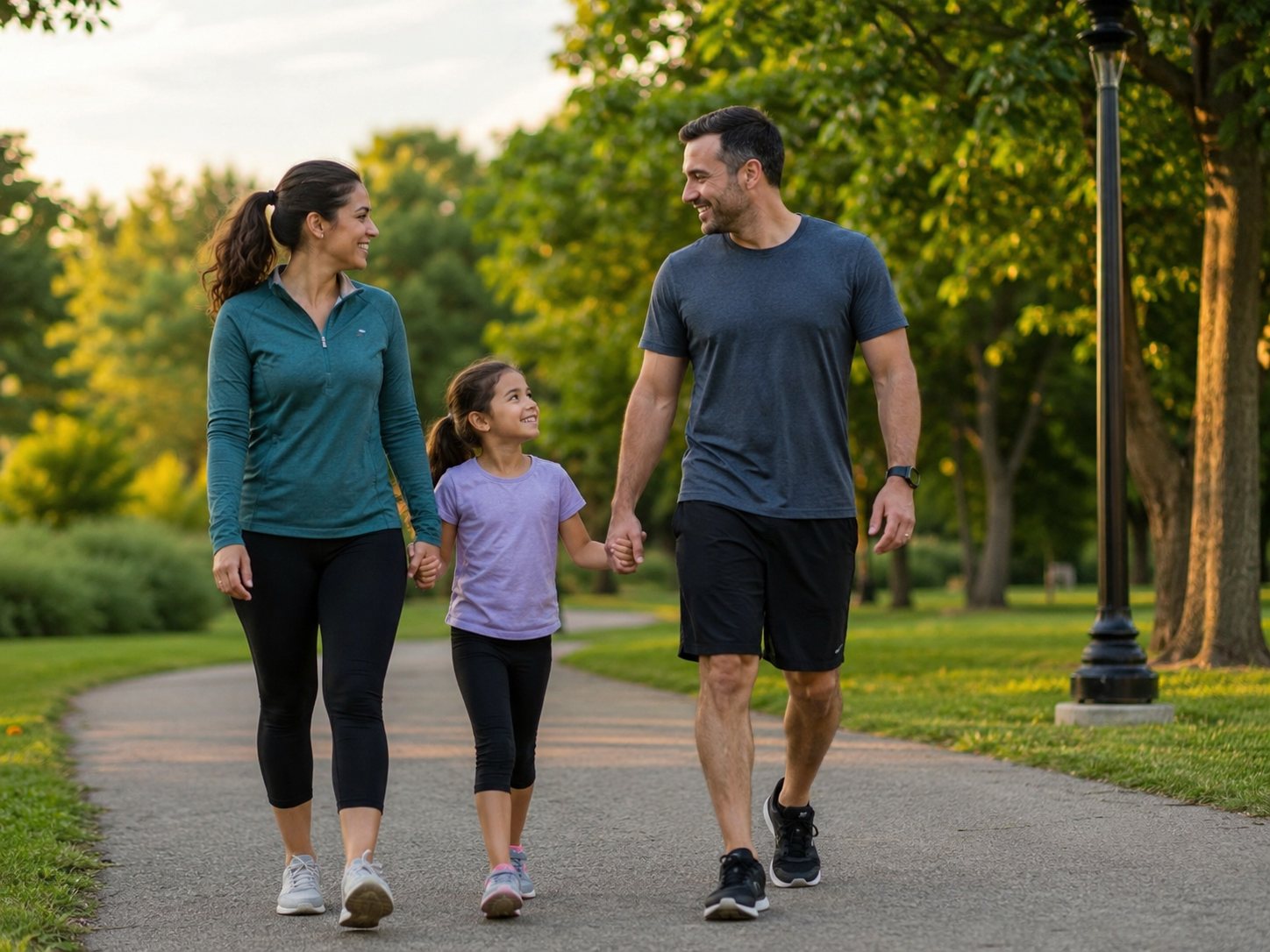 Two adults and a young girl hold hands while walking together on a park path at dusk.