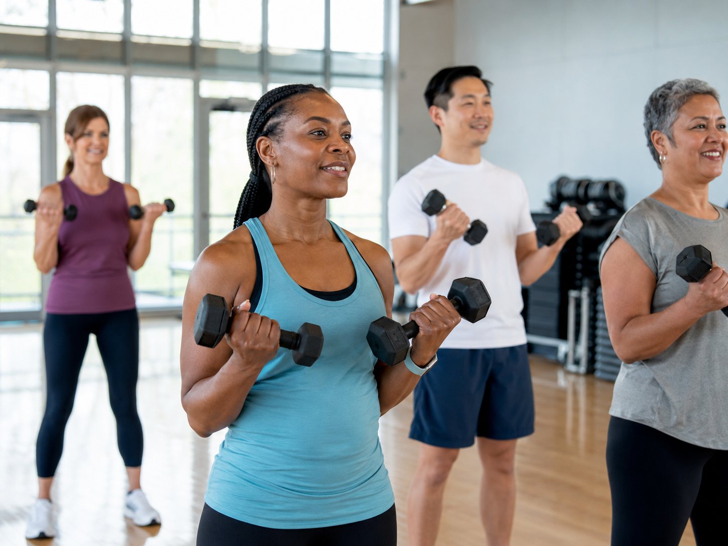 Four smiling adults lift small dumbbells together during a group exercise class in a bright studio.