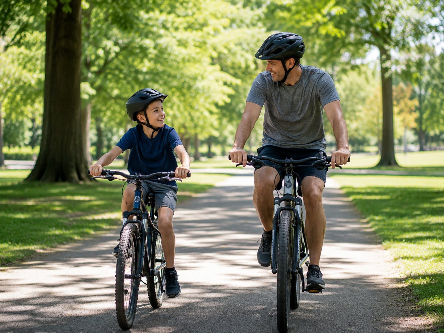 Man and young boy in helmets ride bicycles side by side along a shaded park path.