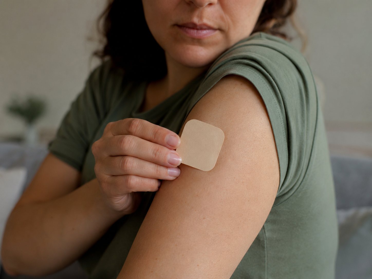 A woman presses a beige nicotine patch onto her bare upper arm